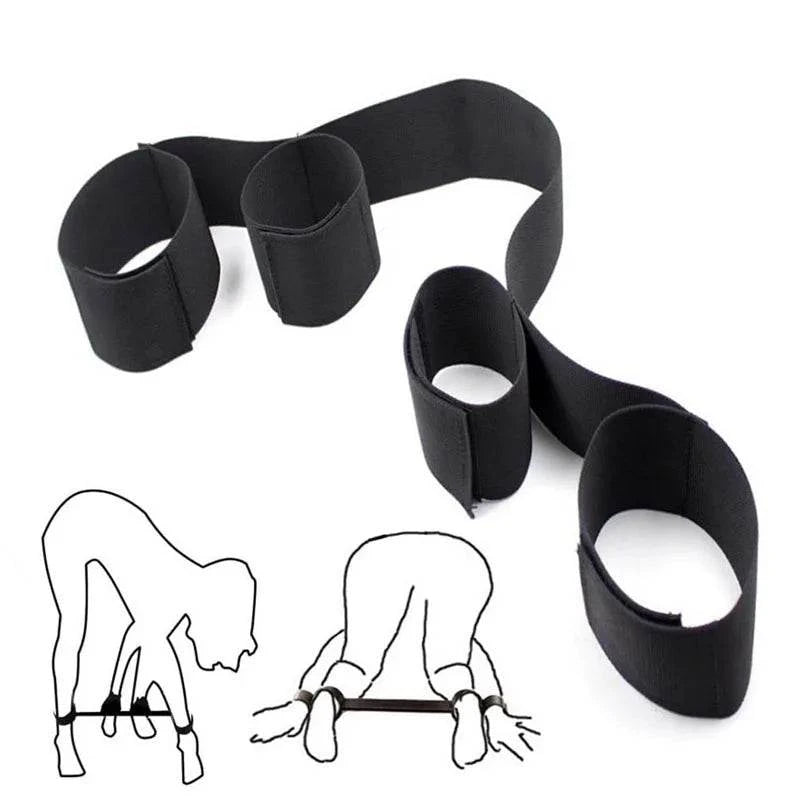 Adjustable full bed restraint tie-down set with handcuffs and ankle cuffs for bondage play