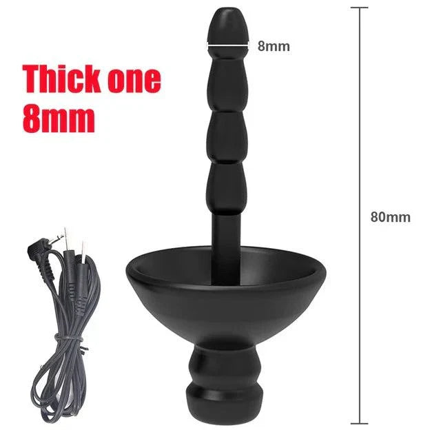 Electric shock penis plug with 8mm thick urethral dilator and attached cord for electro stimulation