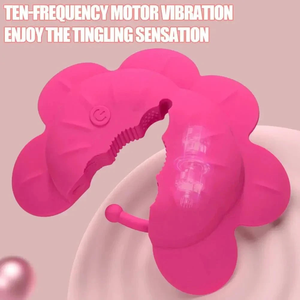 Pink rose-shaped nipple clamps vibrator with adjustable fit and remote control, featuring 10 vibration modes and waterproof design