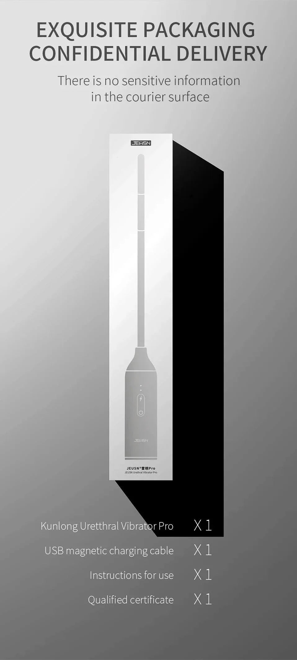 JEUSN Male Urethral Vibrator and Electro Shock Dilator Set packaging with USB charging cable and instructions