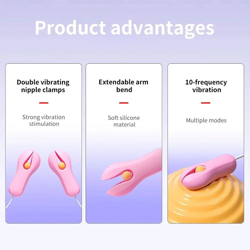 Enhancer nipple stimulator with double vibrating clamps, extendable soft silicone arm, and 10-frequency vibration modes for breast massage and stimulation