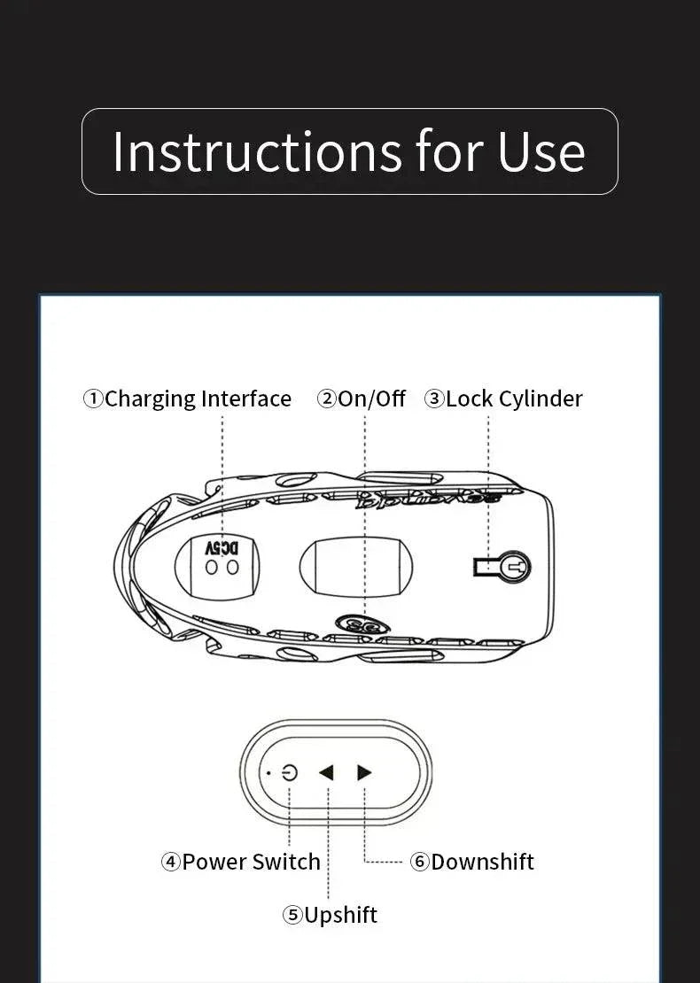 Diagram of Wireless Remote Control Electric Shock Male Chastity Cage showing charging interface, lock cylinder, and remote control buttons