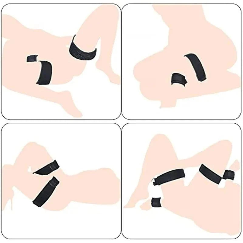 Diagram showing adjustable straps in various positions on the body for All-in-One 18-Piece Bondage & Strap-On Kit