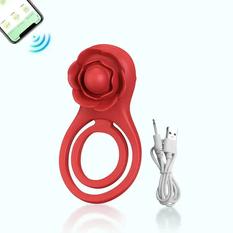 Red adjustable silicone cock ring and extender with flower design, USB charging cable, adult sex toy for delay ejaculation and dual stimulation.