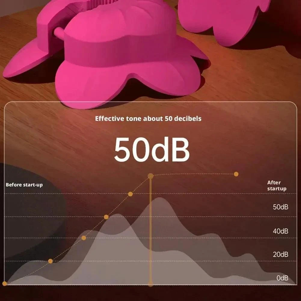 Rose-shaped adjustable nipple clamps vibrator with remote control and 10 vibration modes on wooden surface with 50dB noise level graph.