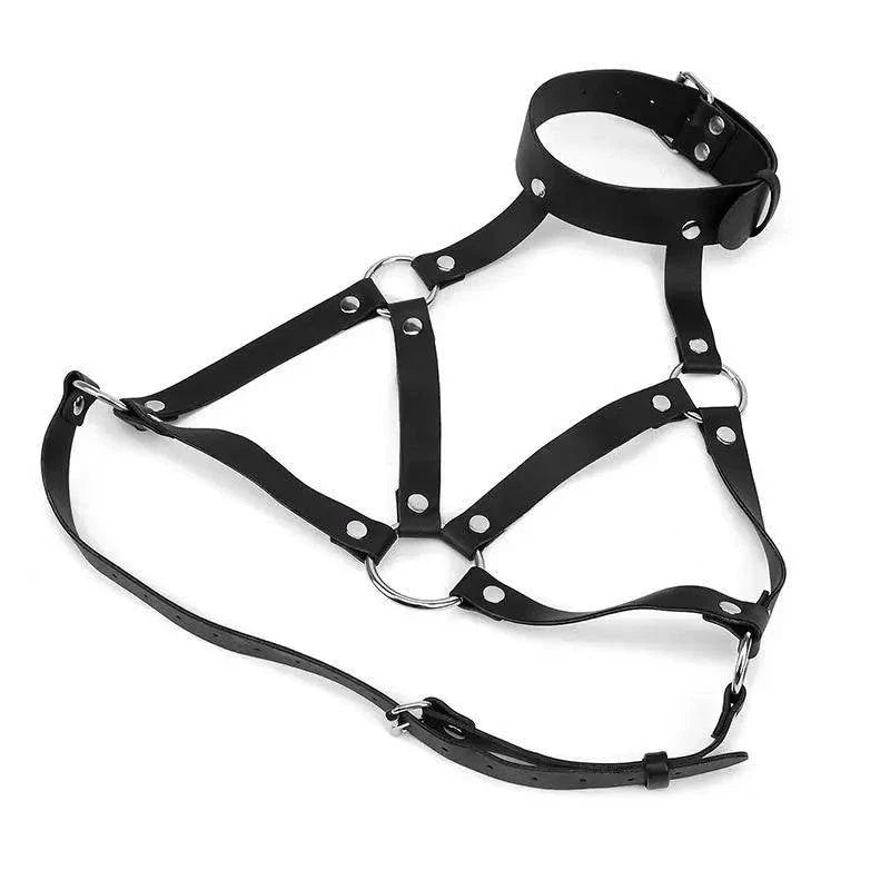 Adjustable strappy body harness belt with sturdy hardware for fetish and lingerie layering