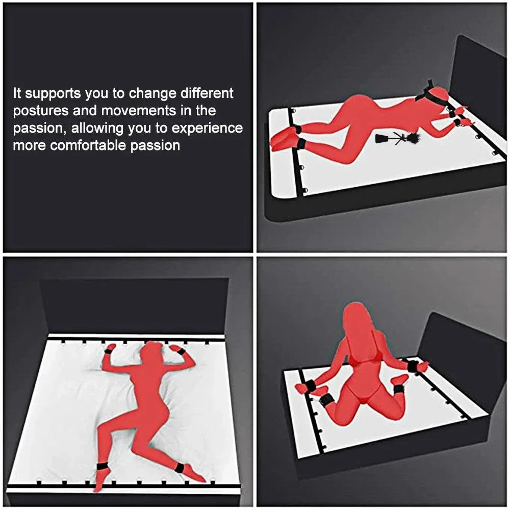 Couples BDSM Bondage Set with mask, feather tickler, handcuffs, and ankle restraints for intimate roleplay and bondage.