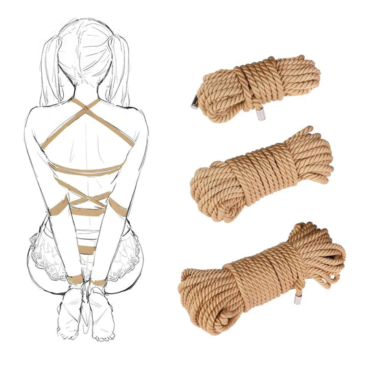 20-meter soft cotton rope BDSM restraint kit for couples with three coiled ropes and bondage illustration