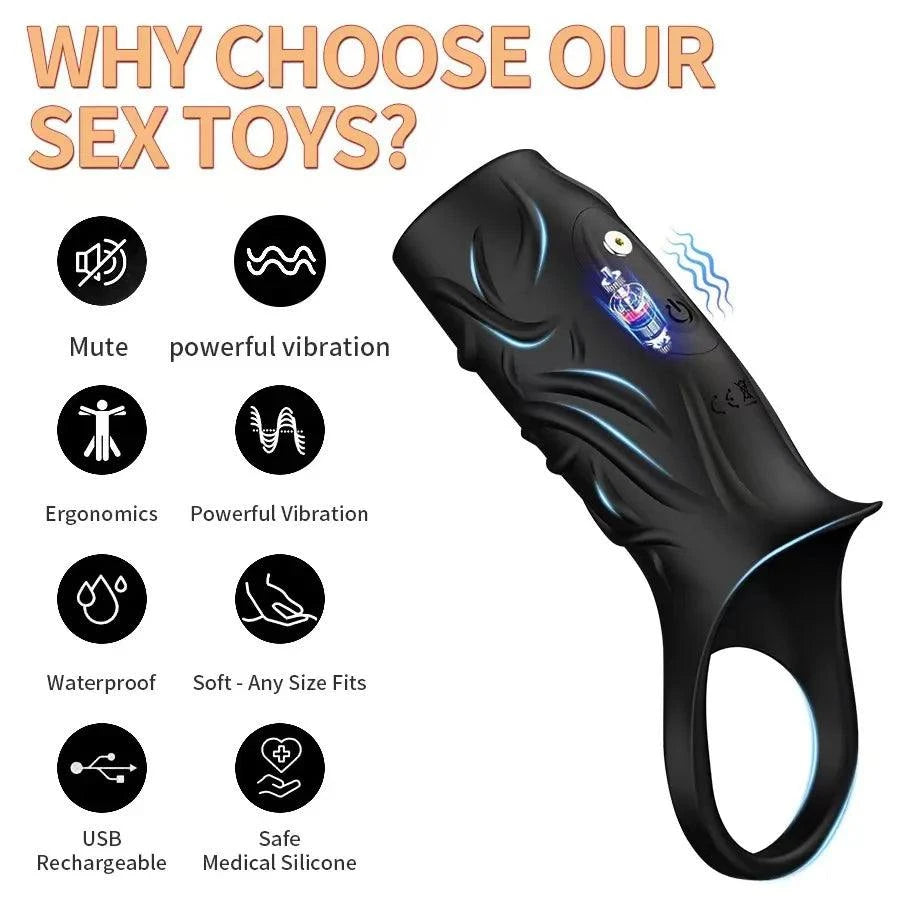Black vibrator penis sleeve and cock ring with ergonomic design, USB rechargeable, waterproof, and made of safe medical silicone for couples' stimulation and ejaculation extension