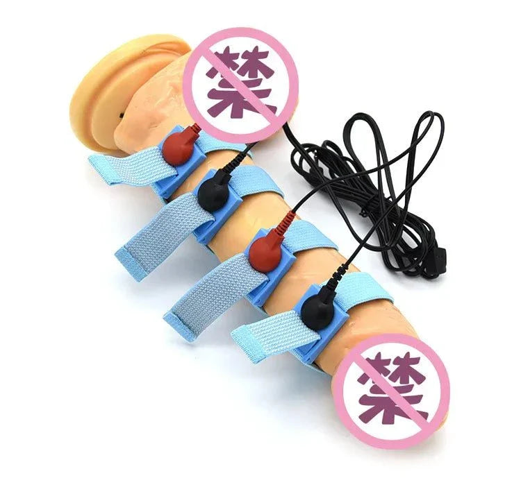 Electro Shock Conductive Cock Ring with adjustable blue straps and wired connectors for electric stimulation
