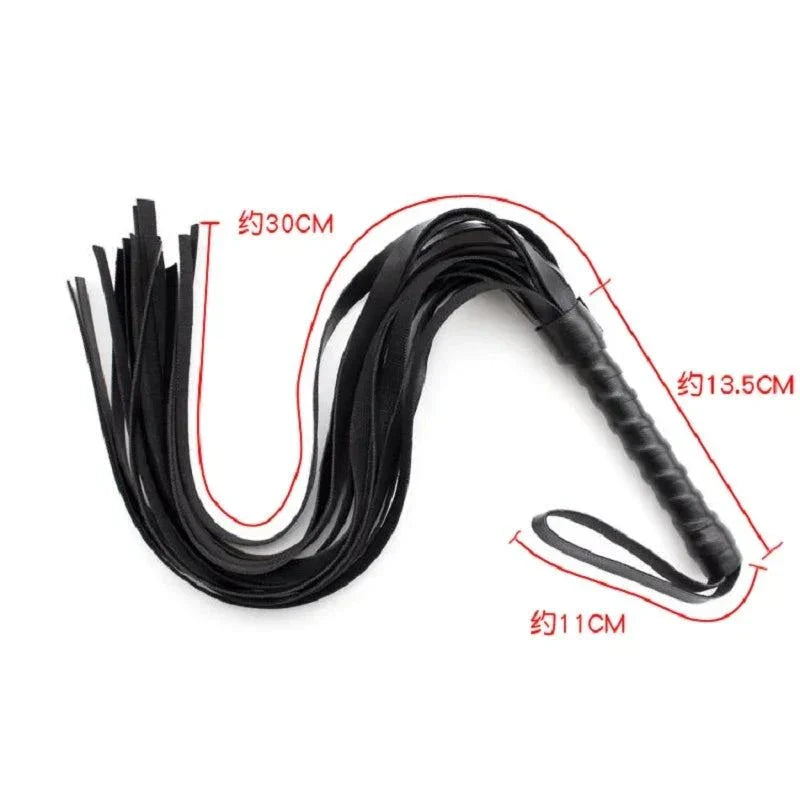 Black faux leather whip riding crop with braided handle and multiple flexible tails for BDSM impact play