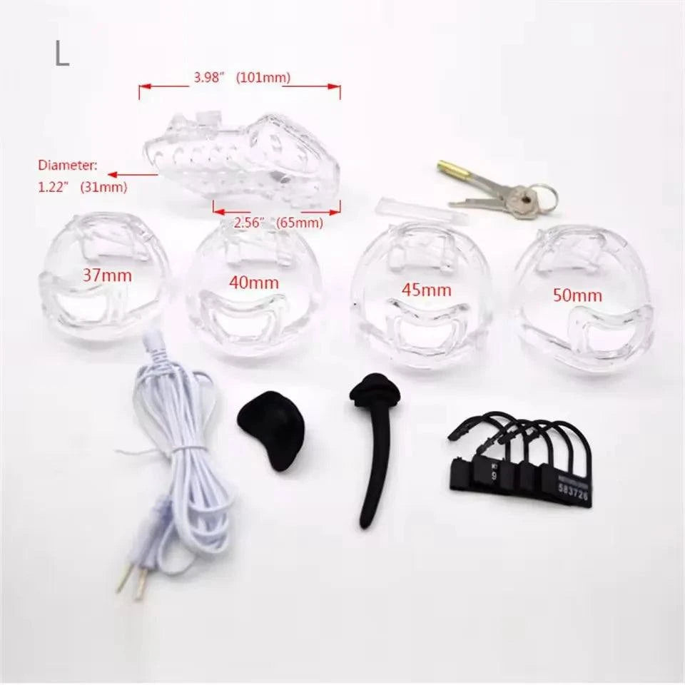 Electric shock plastic cage chastity device with multiple ring sizes, ball lock, and electrostimulation components.