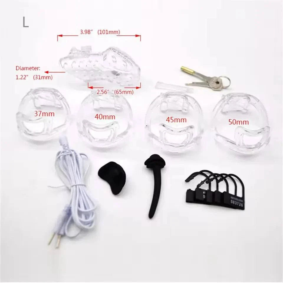 Electric Shock Plastic Cage chastity device with multiple ring sizes, ball lock, and electrostimulation wires.