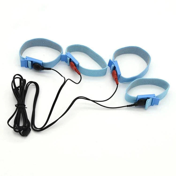 Electro Shock Conductive Cock Ring with adjustable blue straps and connected wires for intimate stimulation