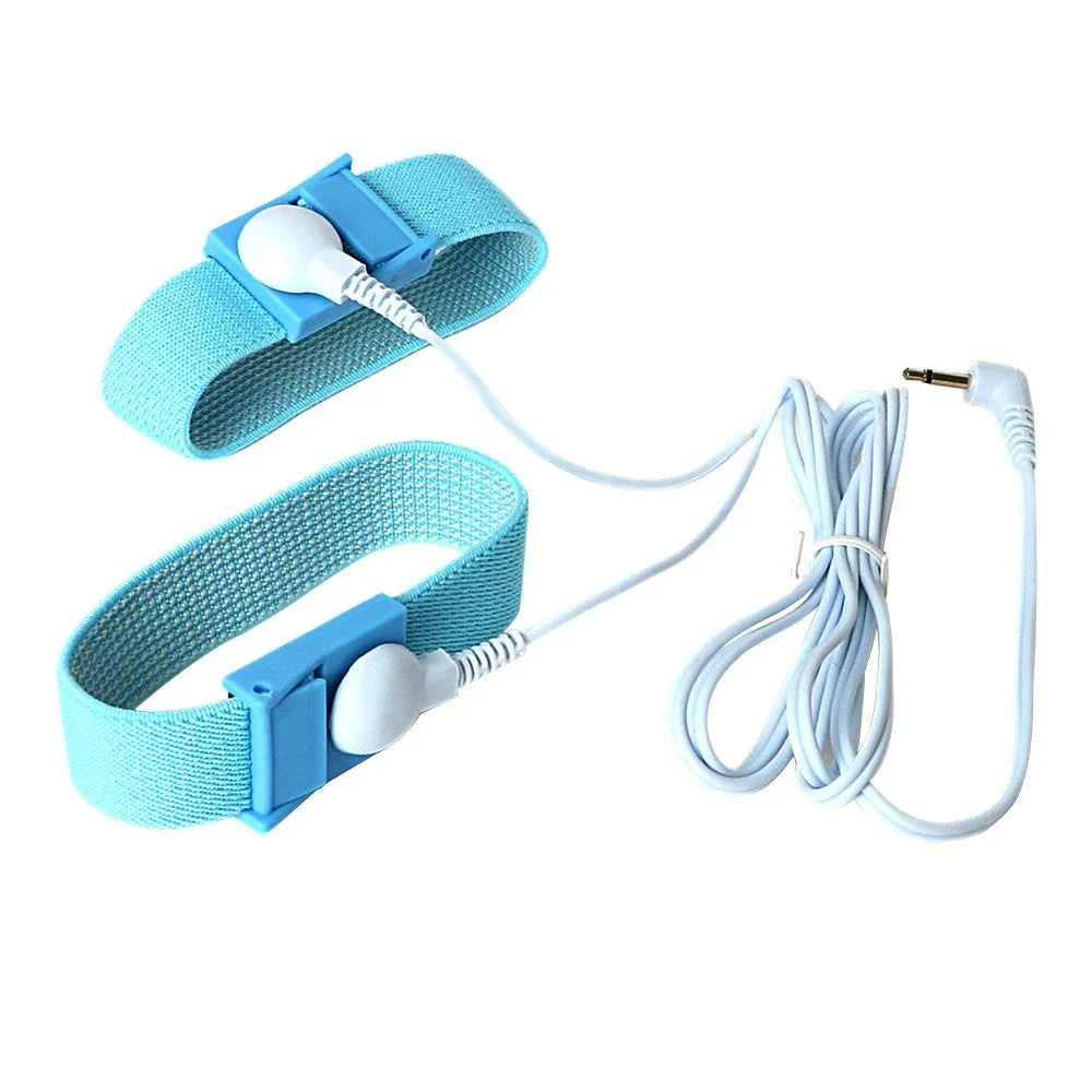 Electro Shock Conductive Cock Ring with adjustable blue elastic straps and white electro-stimulation connectors