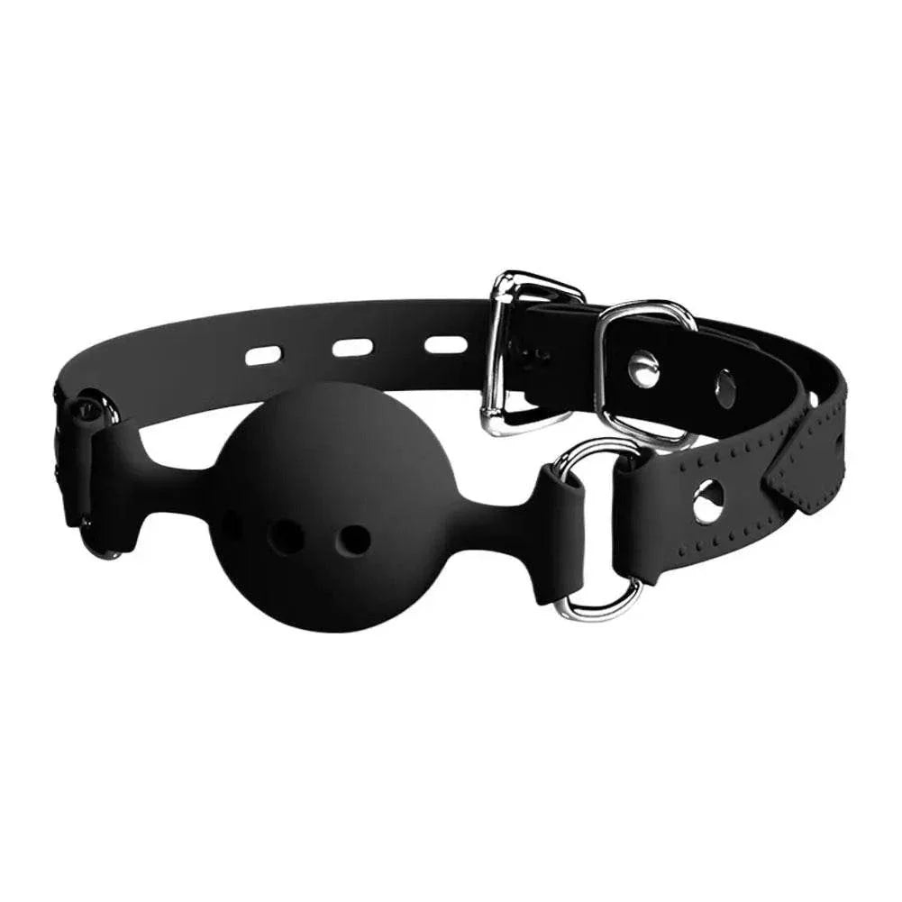 Black breathable silicone ball gag with adjustable straps for safe bondage restraint