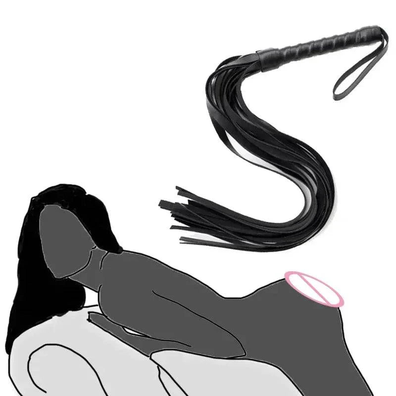 Faux leather whip riding crop with multiple leather strands and wrist strap for BDSM impact play