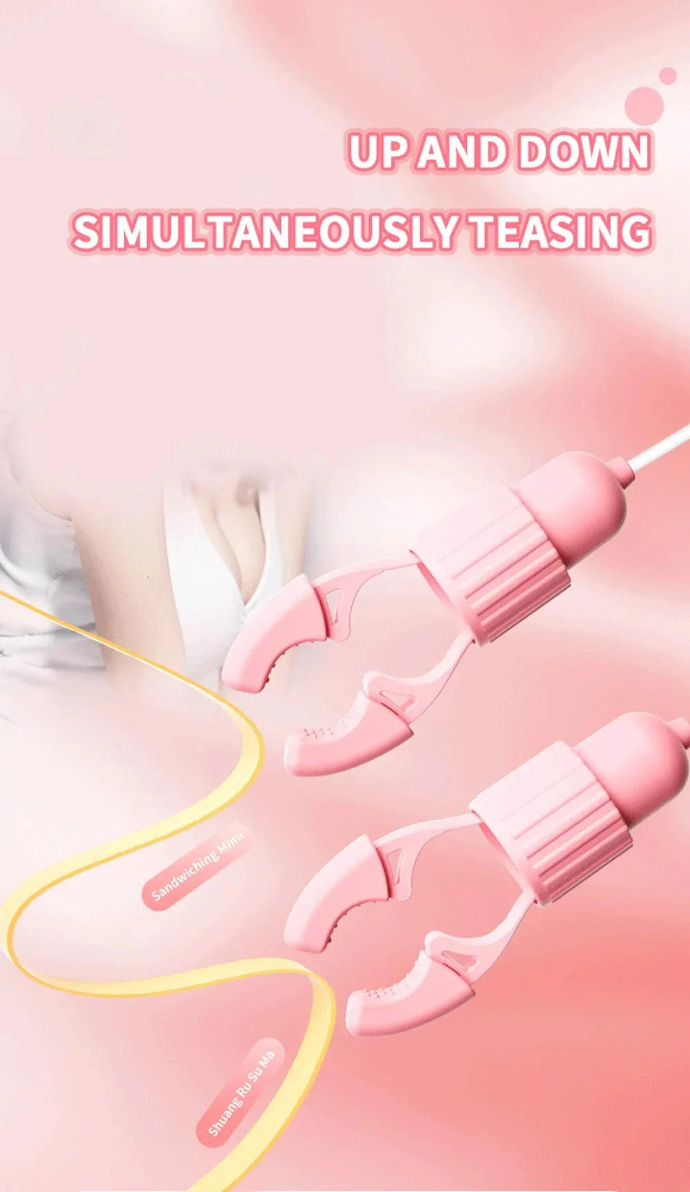 Pink nipple clamps vibrator with sucking and tongue-licking clit stimulator for multi-zone teasing and adjustable intensity