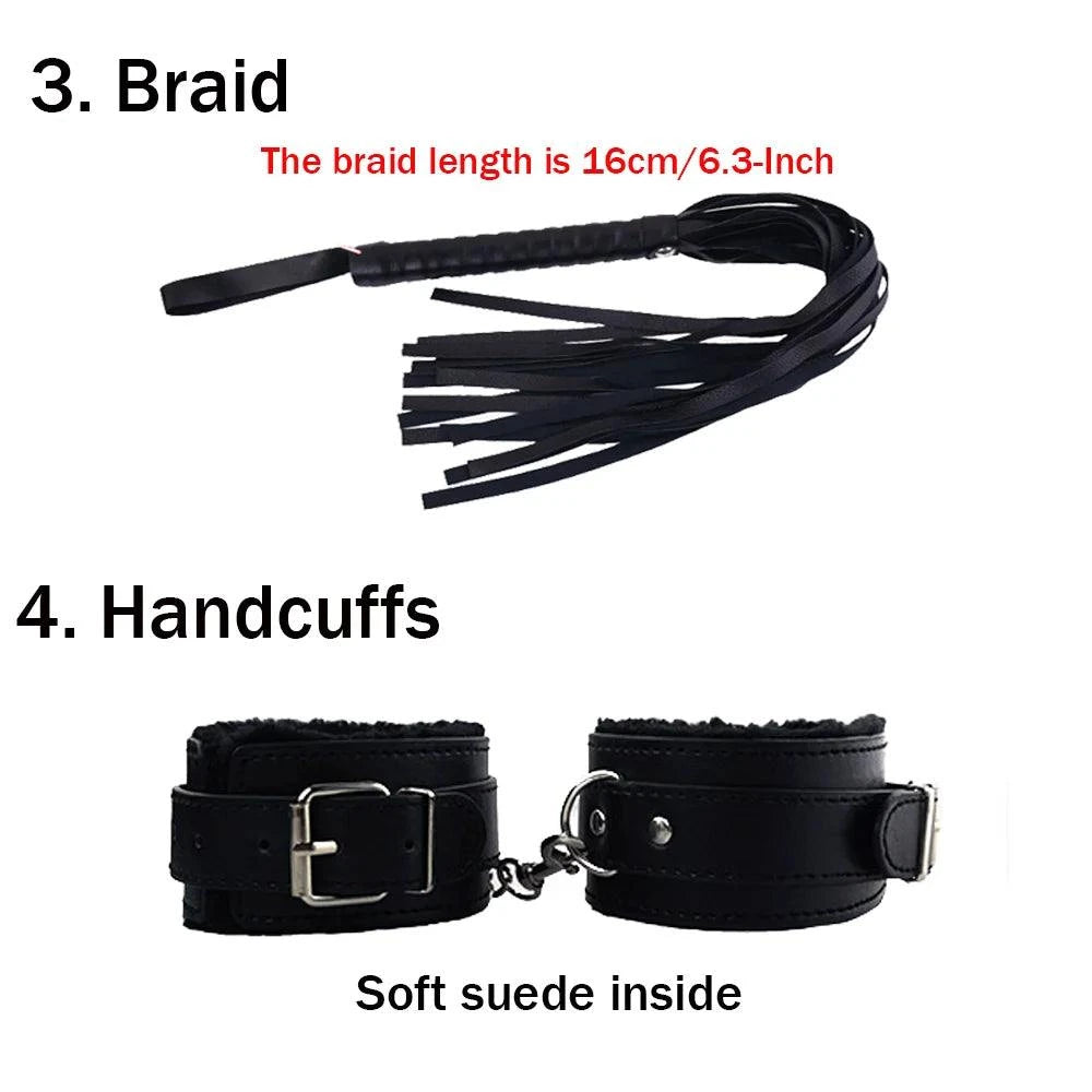 10-Piece BDSM Bondage Restraint Kit — Cuffs, Collar, Whip, Ball Gag & Rope