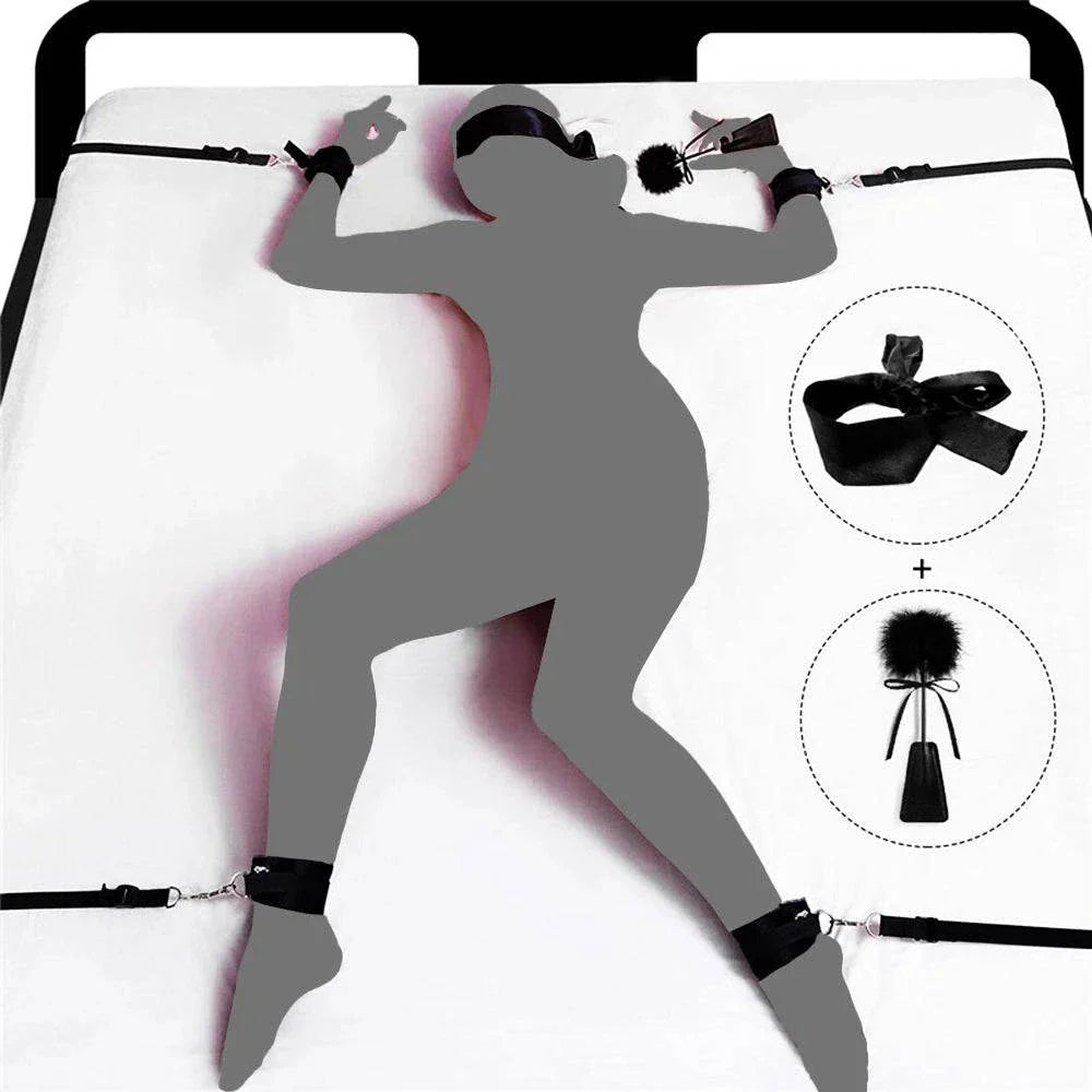 Couples BDSM Bondage Set with mask, feather tickler, handcuffs, and ankle restraints for intimate play