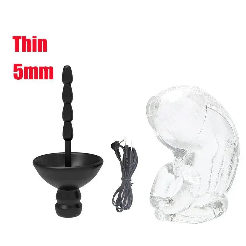 Electric Shock Penis Plug and clear chastity cage with urethral dilator and electro stimulator set