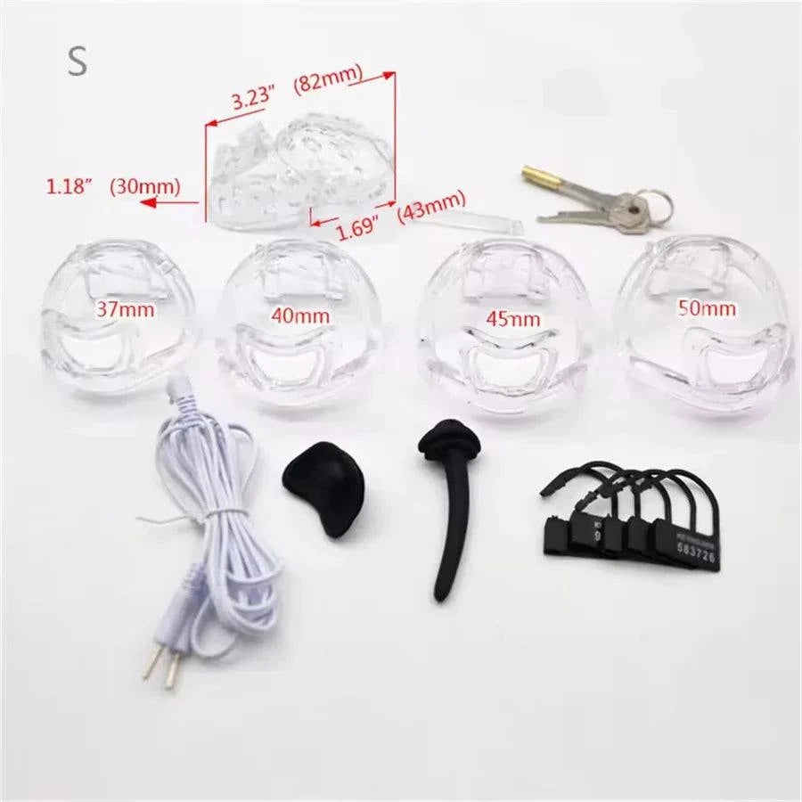 Electric Shock Plastic Cage chastity device set with various ring sizes, electric stimulation cables, locks, and keys for male restraint and electro-BDSM play