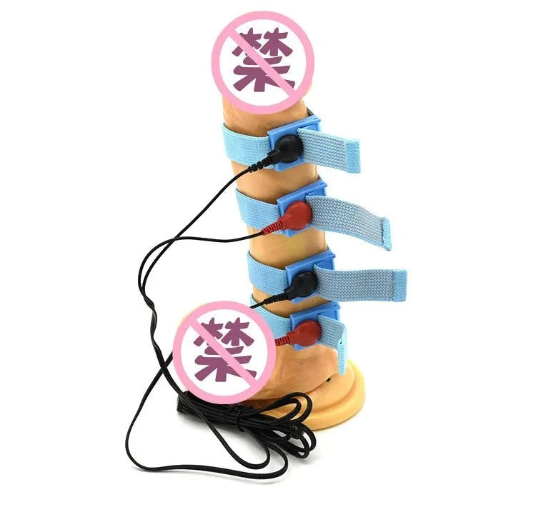 Adjustable Electro Shock Conductive Cock Ring with blue straps and connected wires for male intimacy enhancement