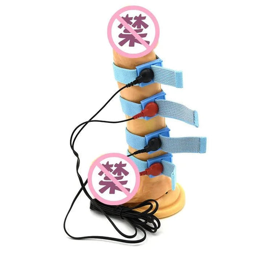 Adjustable Electro Shock Conductive Cock Ring with blue straps and connected wires for male intimacy enhancement