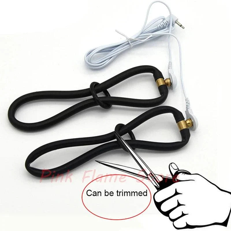 Varied Electro-Shock Penis Ring with adjustable black silicone loops and electro-stim connectors for penis, prostate, and urethra stimulation