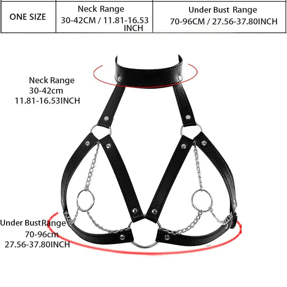 Black adjustable strappy body harness belt with chains and sturdy hardware for fetish and lingerie layering