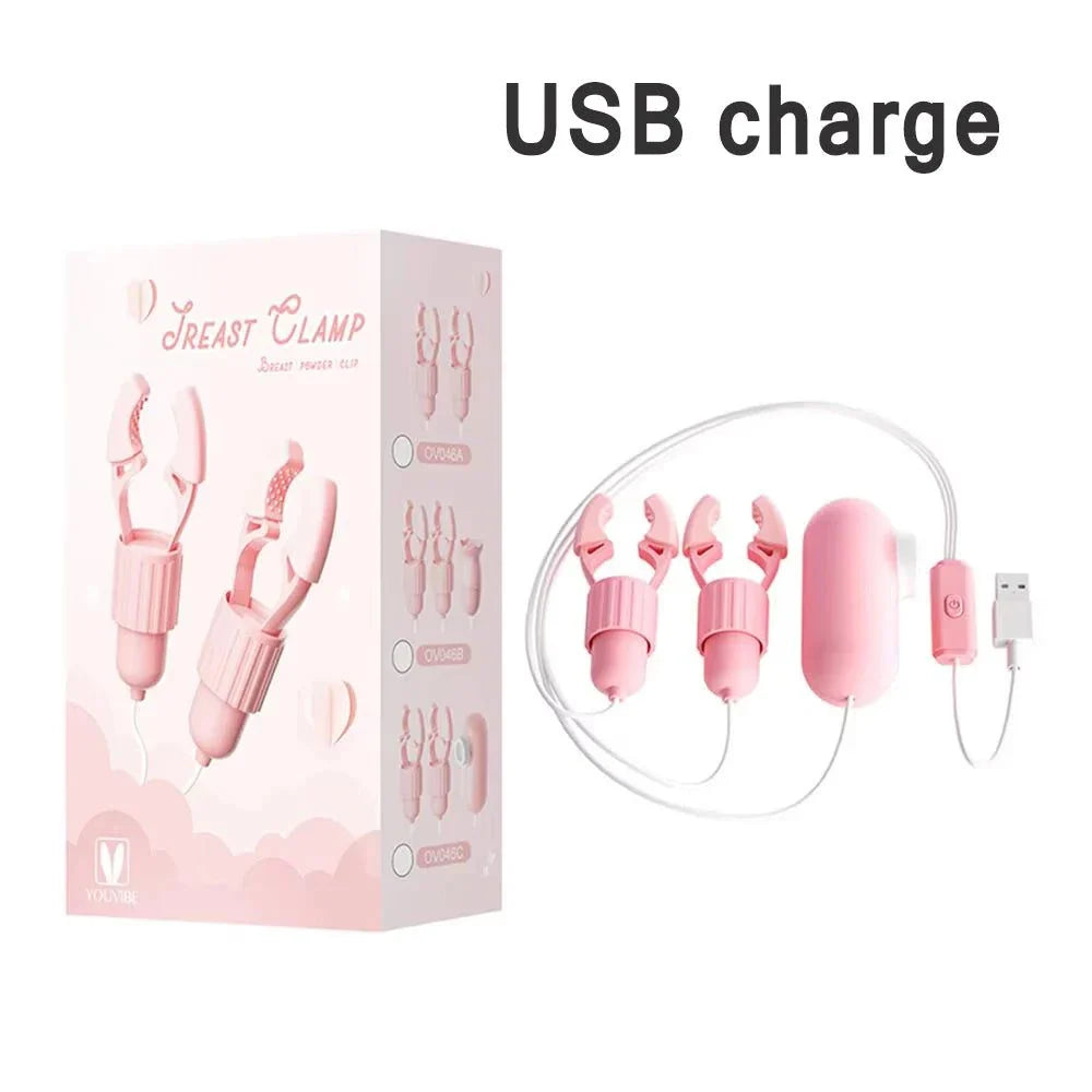 Pink USB rechargeable nipple clamps vibrator with adjustable intensity and multi-mode stimulation for nipple and clitoral teasing