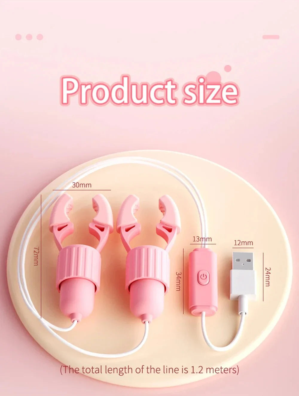 Pink nipple clamps vibrator with USB charging cable and adjustable controls on a round beige plate showing product size measurements