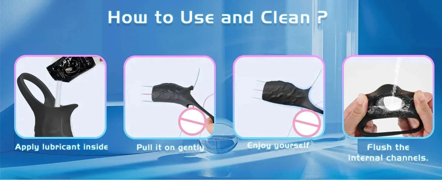 How to use and clean vibrator penis sleeve with lubricant application, gentle pulling, and rinsing internal channels under water.