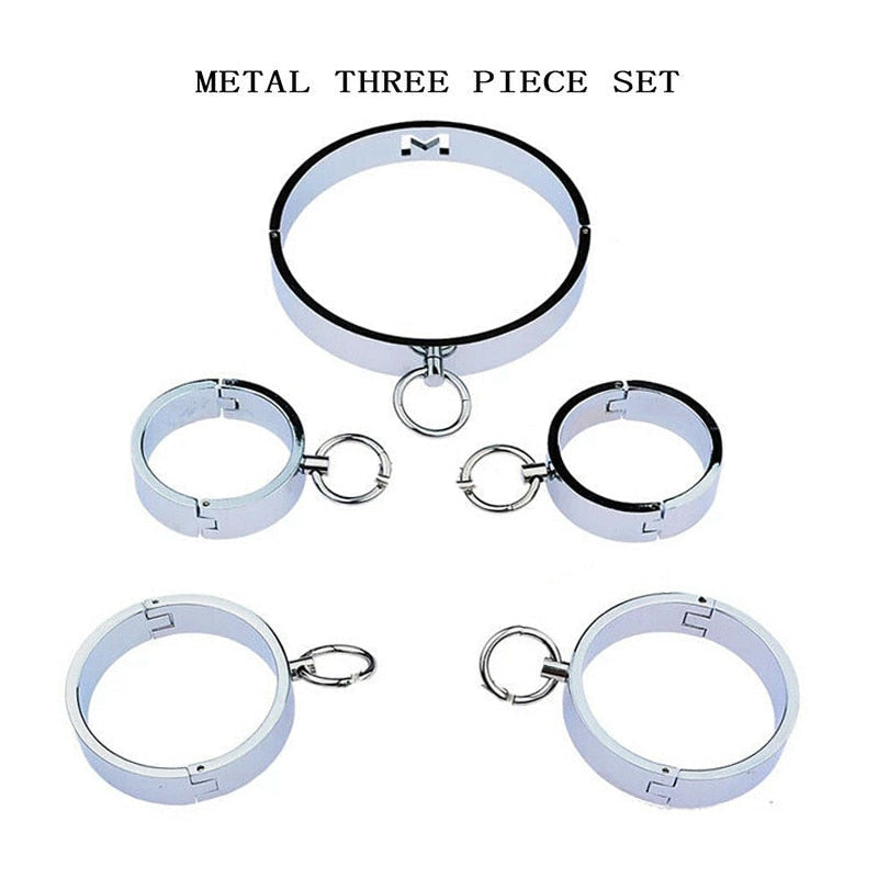 Heavy Metal Steel Slave BDSM Bondage Lock Circular Wrist Handcuffs Ankle Cuffs Collar Fetish Shackles Adult Sex Toys Men Women