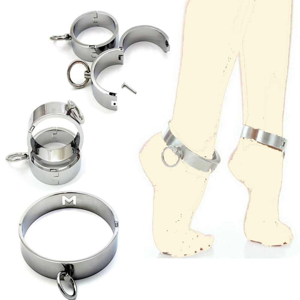 Heavy Metal Steel Slave BDSM Bondage Lock Circular Wrist Handcuffs Ankle Cuffs Collar Fetish Shackles Adult Sex Toys Men Women