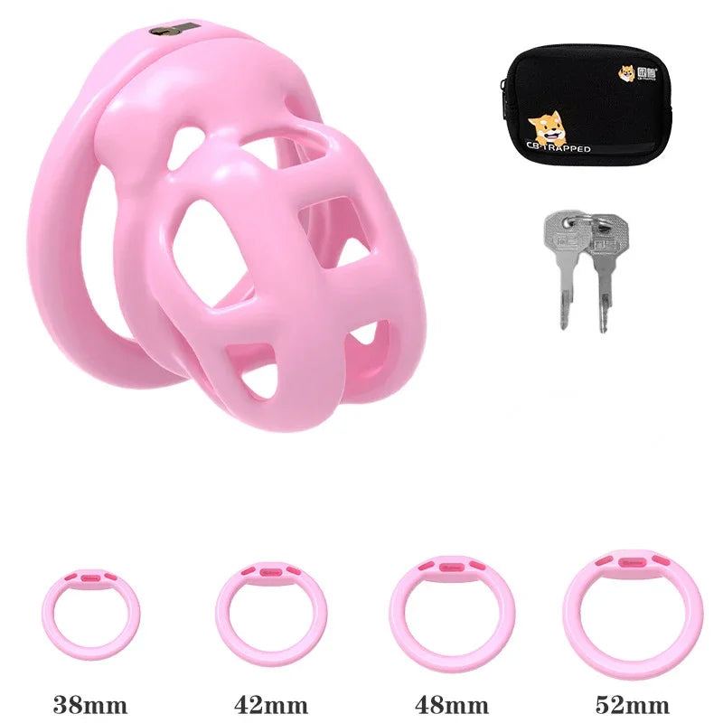 2025 New Mini Male Chastity Device pink compact breathable cock cage with multiple ring sizes, keys, and storage pouch for discreet wear and control