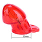 Wireless remote electric shock male chastity cock cage ball stretcher in red plastic with dimensions 75mm by 35mm