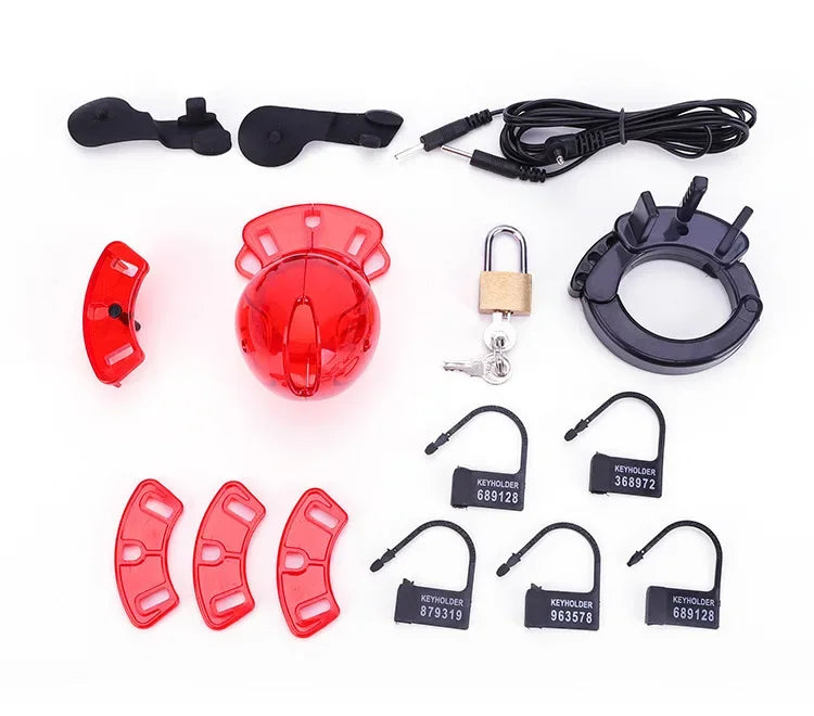 Lockable Male Chastity Device — Cock Cage with E-Stim Rings & Scrotum Restraints