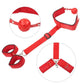 All-in-One 18-Piece Bondage & Strap-On Kit with adjustable harness, red hand and leg restraints, and ball gag for BDSM play