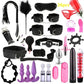 Plush & Nylon BDSM Kit with cuffs, whip, blindfold, nipple clamps, and adjustable bondage accessories for couples