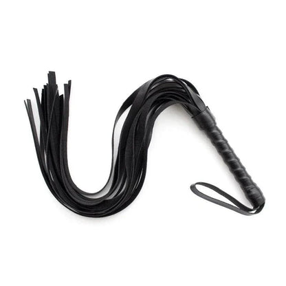 Black leather flogger whip with multiple tails and wrapped handle for sensory bondage play