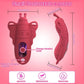 Wireless app wearable panty vibrator with clitoral stimulator and penis ring set in red silicone, showing dimensions and features.