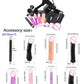 Automatic sex machine with adjustable thrust and multiple silicone dildo attachments in various sizes and colors.