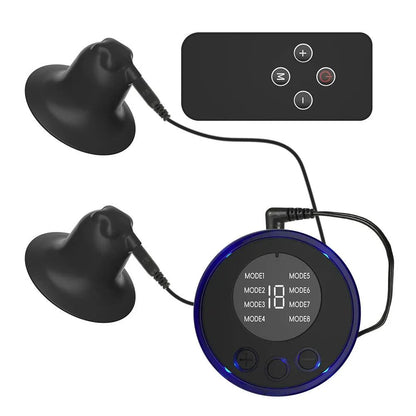 Electric shock nipple clamps with remote control and mode settings for breast and body stimulation.