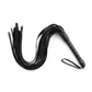 Black faux leather whip riding crop for BDSM impact play with a wrapped handle and multiple flexible tails
