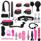 Plush & Nylon BDSM Kit with 23 pink pieces including cuffs, whip, blindfold, nipple clamps, vibrator, and bondage accessories for couples