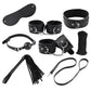 Couples BDSM Bondage Set with mask, feather tickler, handcuffs, ankle restraints, ball gag, whip, rope, and collar for intimate play