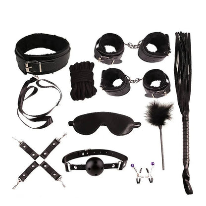 10-piece BDSM Bondage Restraint Kit with cuffs, collar, whip, ball gag, blindfold, clamps, and rope in black