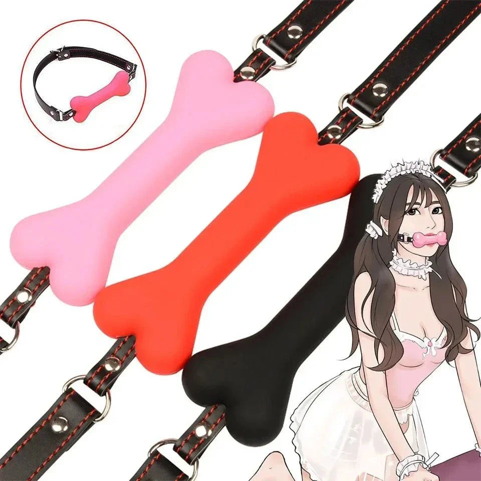 Soft harness mouth silicone dog-bone ball gags in pink, red, and black with adjustable straps for bondage play