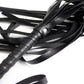 Black leather flogger whip with multiple strands for sensory play and bondage.